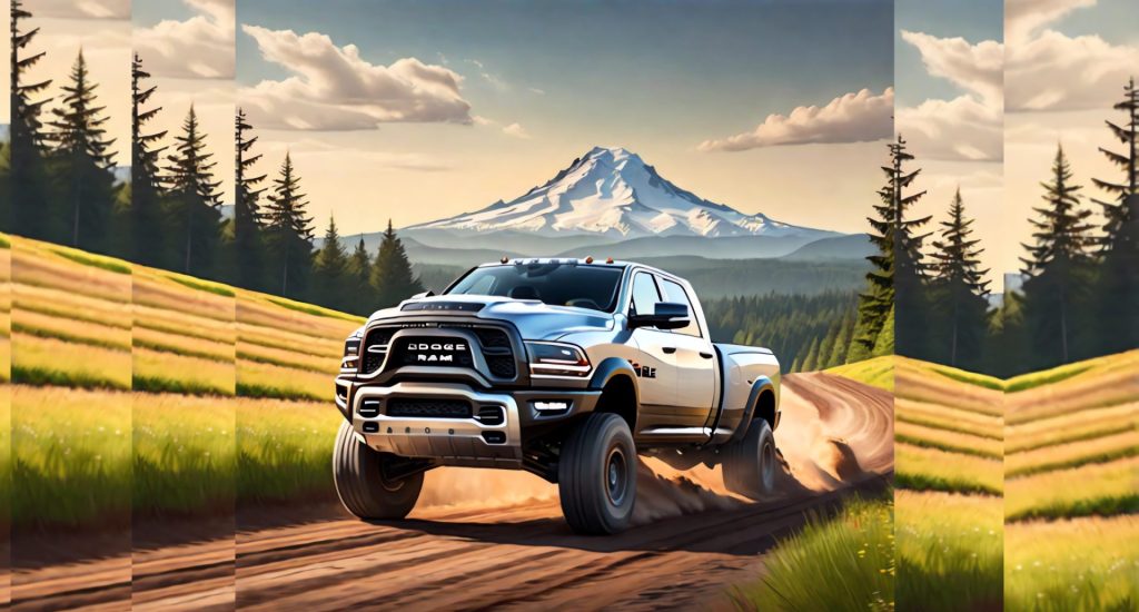 Image shows a heavy duty RAM Cummins diesel pickup truck, outfitted with a diesel performance upgrade, driving powerfully up a willamette valley gravel road.