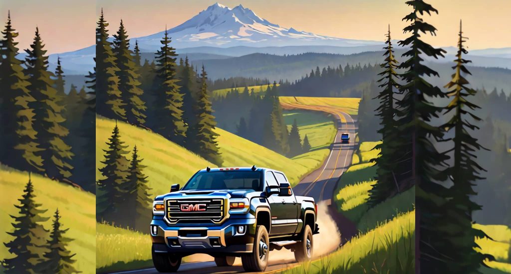Image shows a heavy duty GMC Duramax diesel pickup truck, outfitted with a diesel performance upgrade, driving powerfully up a willamette valley highway.