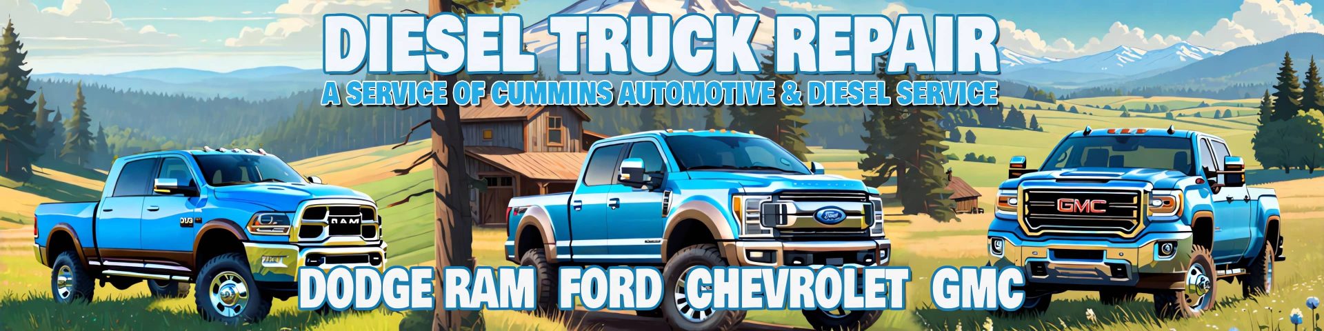 The Home page, top image for Oregon Diesel Truck Repair, a service of Cummins Automotive & Diesel Service, presents the picture of Ford, Chevy / GMC, and Dodge RAM heavy duty diesel pickups in the pasture of a ranch set with Mount Hood in the background.