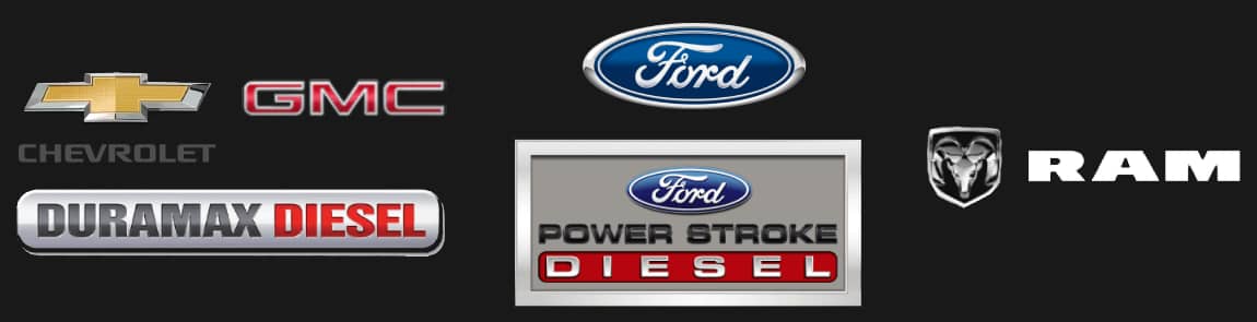 Image presents the logos of Chevrolet, GMC, Duramax Diesel, Ford, Power Stroke Diesel, RAM, and Cummins Diesel, the brand diesel engines and diesel pickup trucks that Oregon Diesel Truck Repair specializes in.