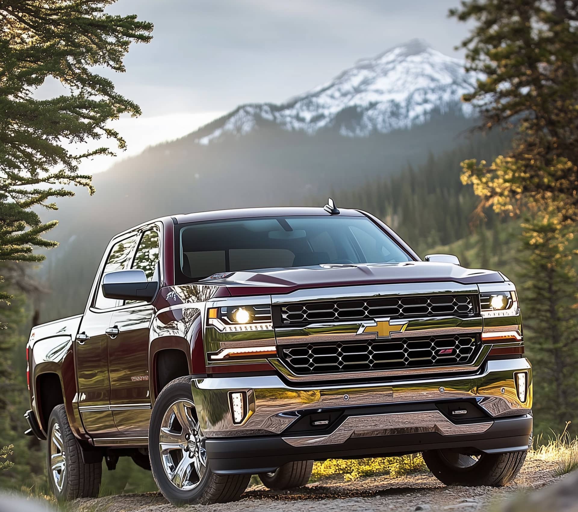 Picture shows the front of a GM Chevrolet Silverado truck, with Chevrolet and Duramax logos, on a back forest road with a snowy ridge in the background; to complement an Oregon Diesel Truck Repair web page presenting Cummins Automotive & Diesel Service's offering of service and repair for Oregon GM Chevrolet truck models and Duramax engines.