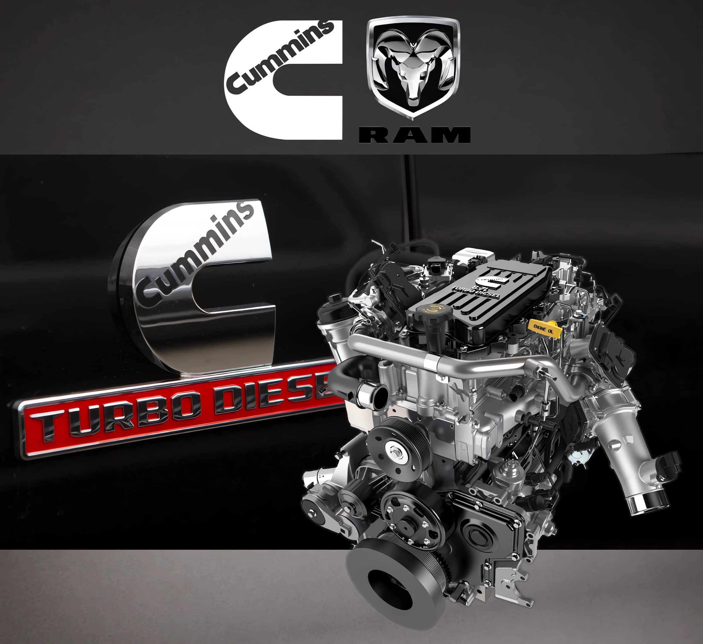 Picture shows a close-up shot of the side panel of a Dodge RAM truck with the Cummins Turbo Diesel logo, and with the Cummins and RAM logo superimposed atop the picture across the top of the image, with a Cummins diesel engine set in the lower, left hand corner; all to complement Cummins Automotive & Diesel Service's offering of service and repair for Oregon Cummins diesel engines and Dodge RAM trucks.