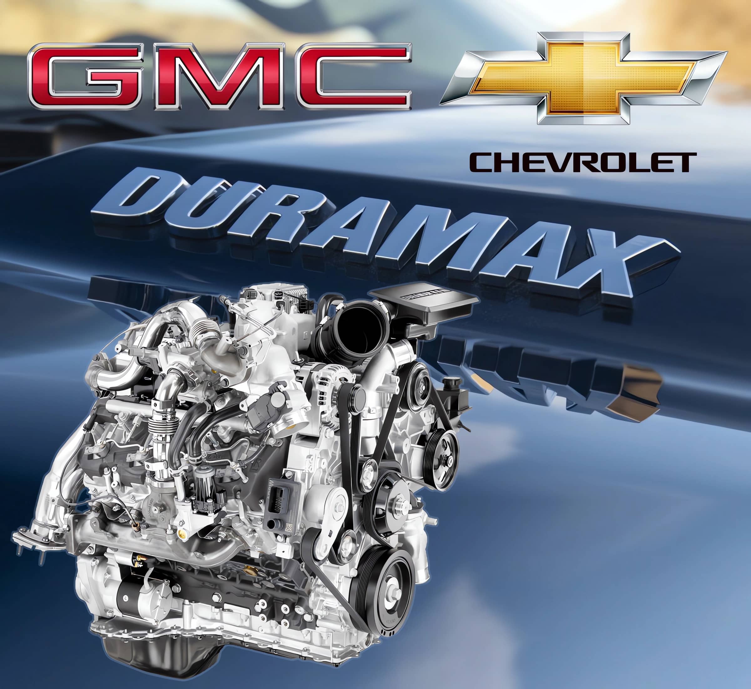 Picture shows a close-up shot of the front hood of a GM truck with the Duramax logo, with the GMC and Chevrolet logos superimposed atop the picture across the top of the image, with a Duramax engine set in the lower, left hand corner; all to complement Cummins Automotive & Diesel Service's offering of service and repair for Oregon GM Duramax GMC Chevrolet engines and trucks.