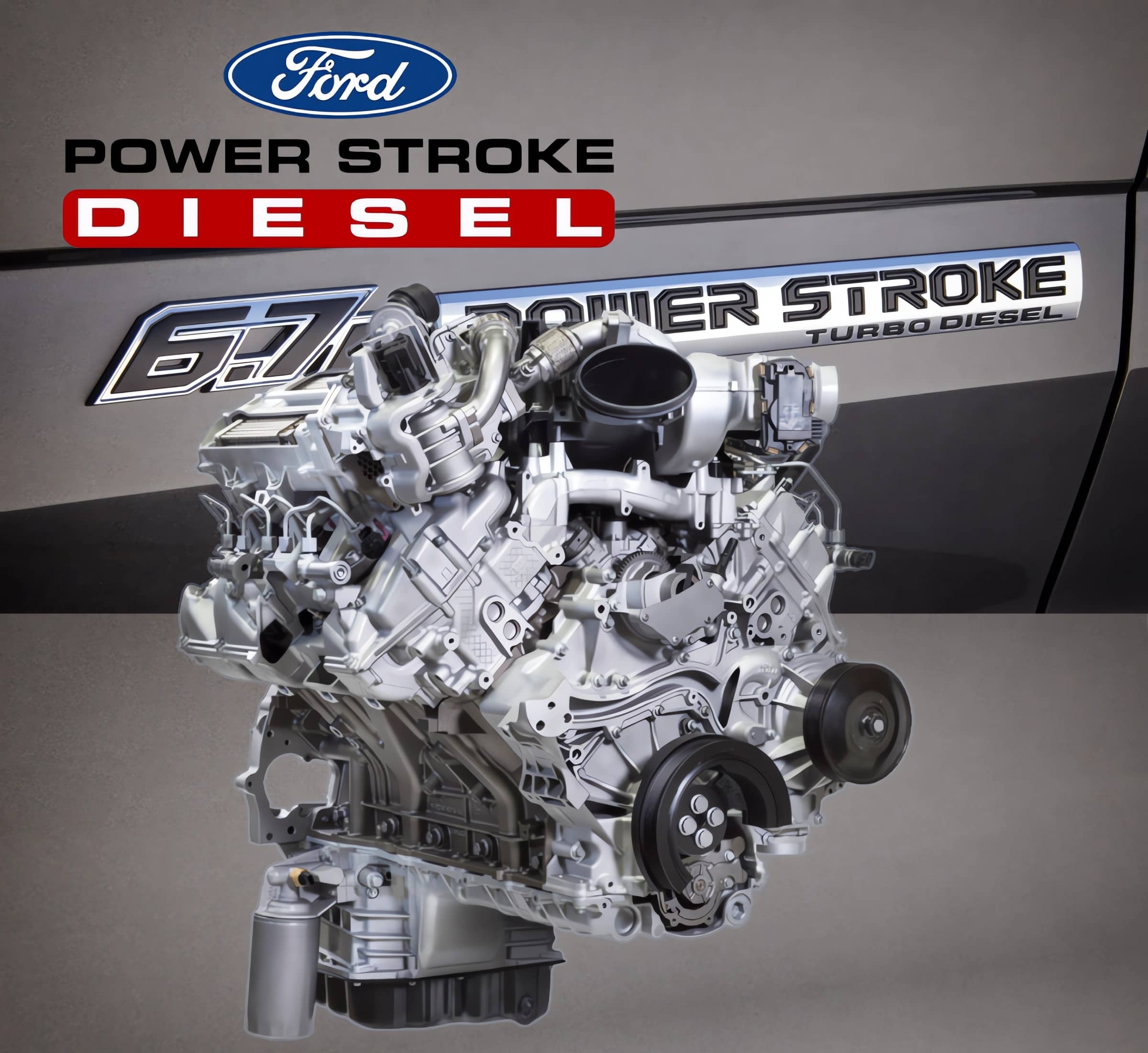 Picture shows a close-up shot of the side panel of a Ford Super Duty truck with the 6.7 Power Stroke logo, and with the Ford Power Stroke Diesel logo superimposed atop the picture across the top of the image, with a Power Stroke engine set in the lower, left hand corner; all to complement Cummins Automotive & Diesel Service's offering of service and repair for Oregon Power Stroke engines and Ford Super Duty trucks.
